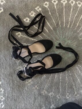Black Embroidered Lace-Up Block Heels